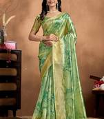green printed art silk designer pallu saree