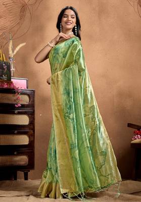 green printed art silk designer pallu saree 2
