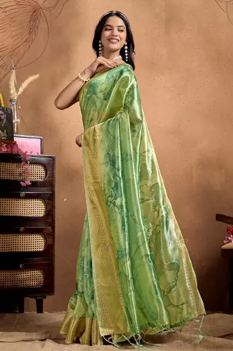 green printed art silk designer pallu saree