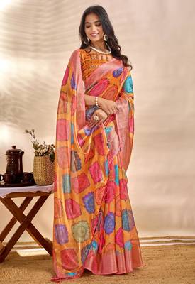 orange printed art silk designer pallu saree 2