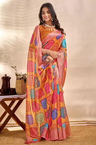 orange printed art silk designer pallu saree