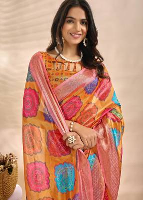 orange printed art silk designer pallu saree 4