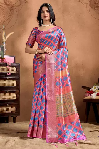 pink printed art silk designer pallu saree