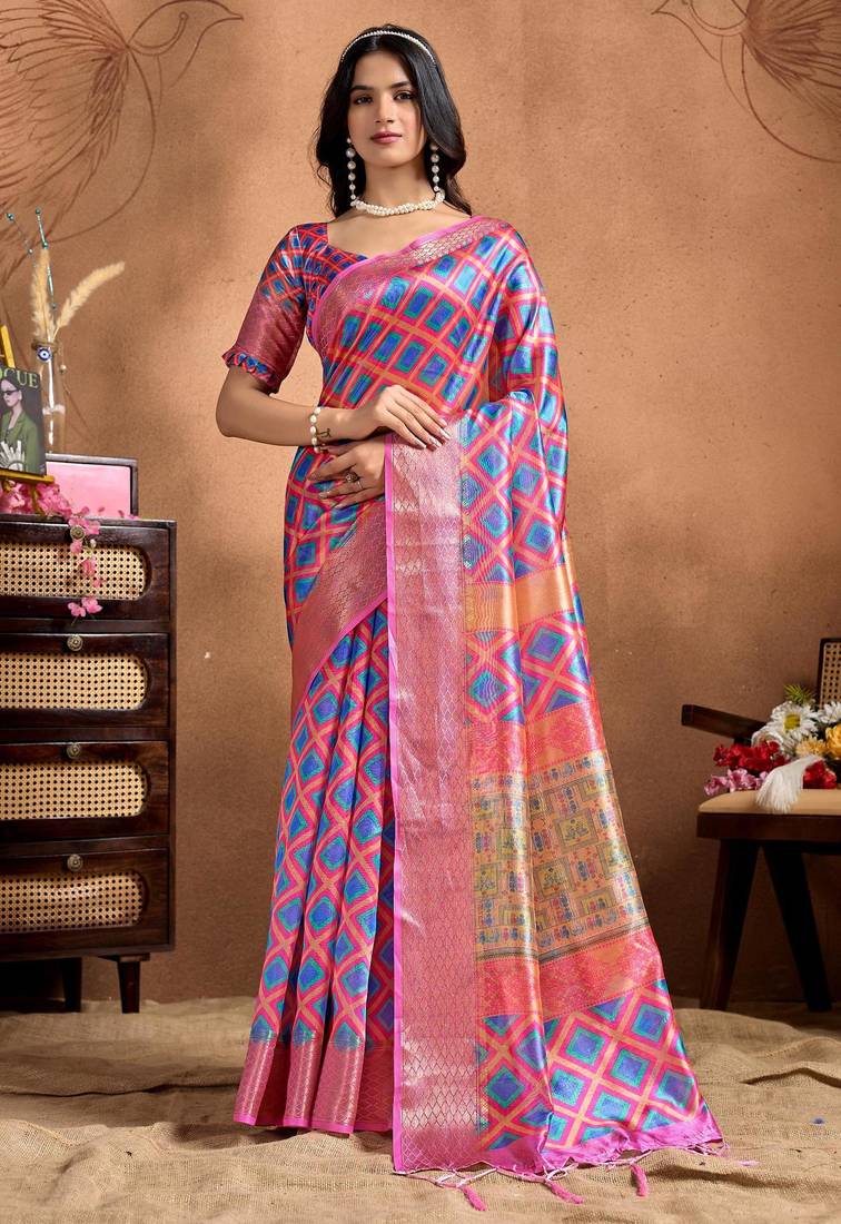pink printed art silk designer pallu saree