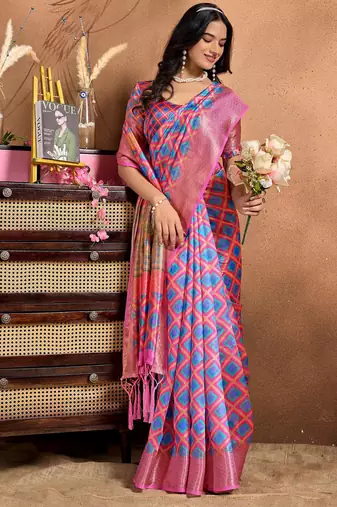 pink printed art silk designer pallu saree