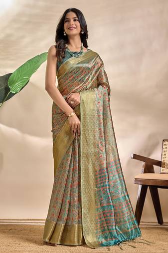 green printed art silk designer pallu saree