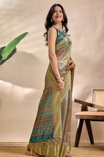 green printed art silk designer pallu saree