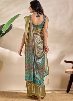 green printed art silk designer pallu saree 3
