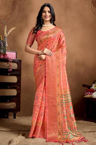 orange printed art silk designer pallu saree