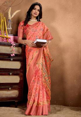 orange printed art silk designer pallu saree 2