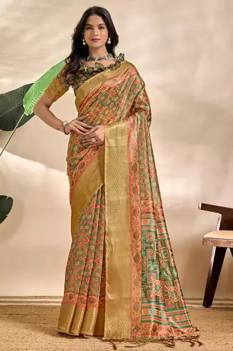 green printed art silk designer pallu saree
