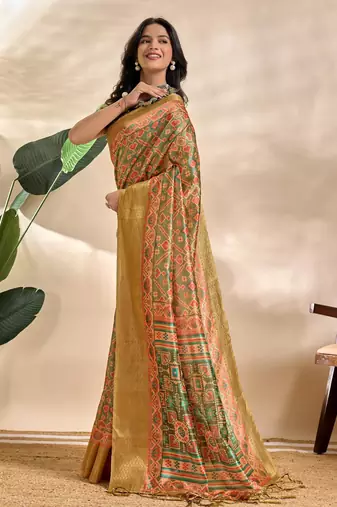 green printed art silk designer pallu saree