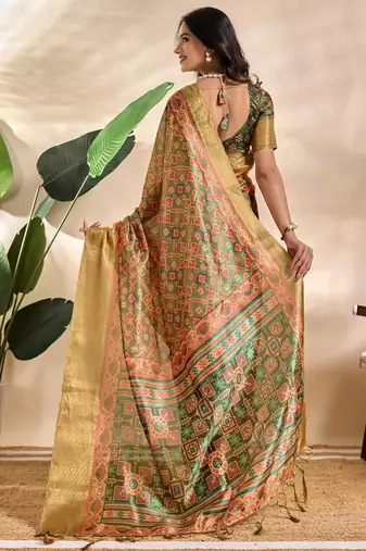 green printed art silk designer pallu saree