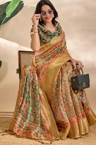 green printed art silk designer pallu saree