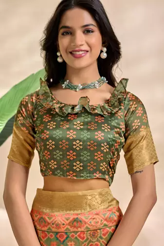 green printed art silk designer pallu saree
