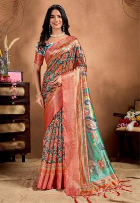 orange printed art silk designer pallu saree 1