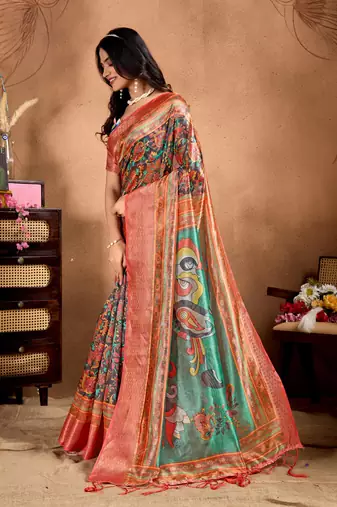 orange printed art silk designer pallu saree