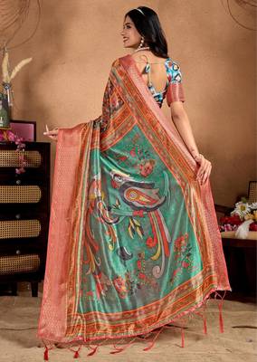orange printed art silk designer pallu saree 3