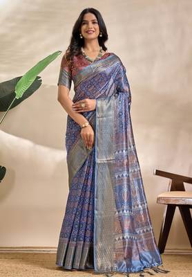 royal blue printed art silk designer pallu saree 1