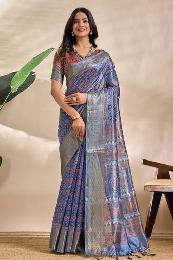 royal blue printed art silk designer pallu saree