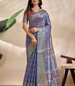 royal blue printed art silk designer pallu saree