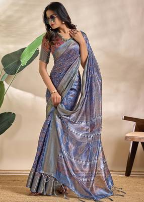 royal blue printed art silk designer pallu saree 2