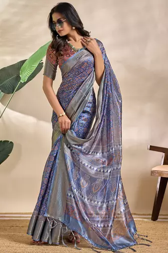 royal blue printed art silk designer pallu saree