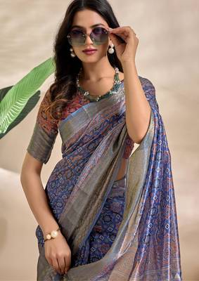 royal blue printed art silk designer pallu saree 4