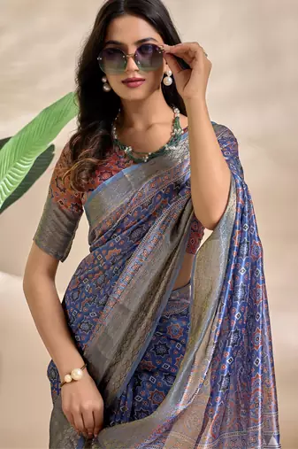 royal blue printed art silk designer pallu saree