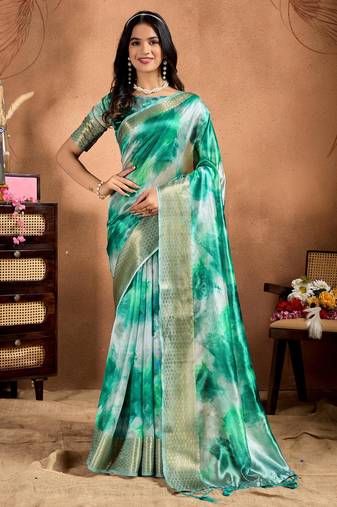 green printed art silk designer pallu saree