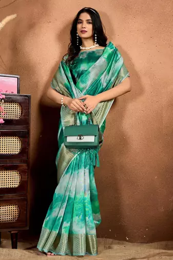 green printed art silk designer pallu saree