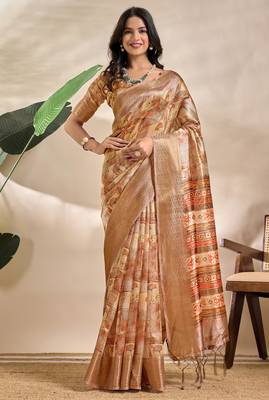 gold printed art silk designer pallu saree 1