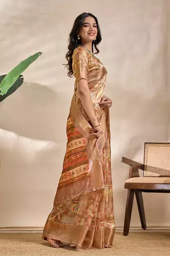 gold printed art silk designer pallu saree