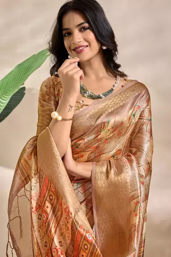gold printed art silk designer pallu saree