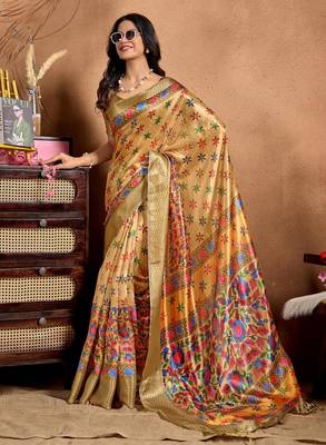 yellow printed art silk designer pallu saree 2