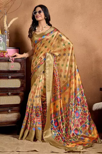 yellow printed art silk designer pallu saree