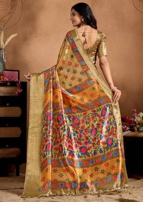 yellow printed art silk designer pallu saree 3