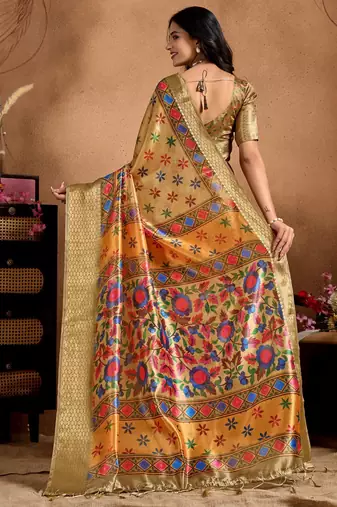 yellow printed art silk designer pallu saree