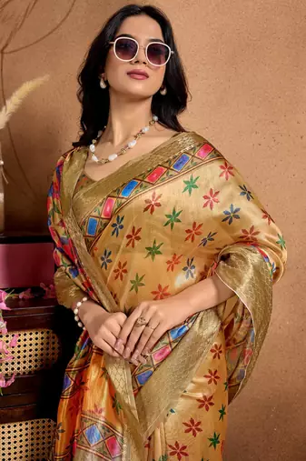 yellow printed art silk designer pallu saree