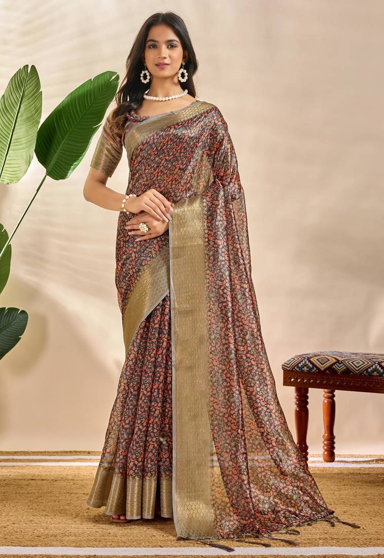 multicolor printed art silk designer pallu saree