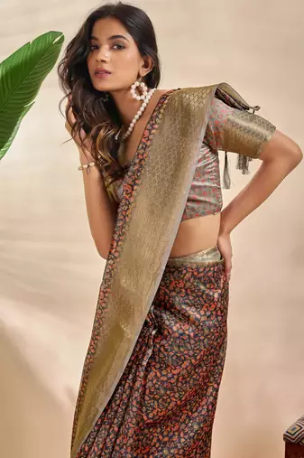 multicolor printed art silk designer pallu saree