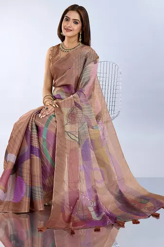 chiku printed art silk designer pallu saree