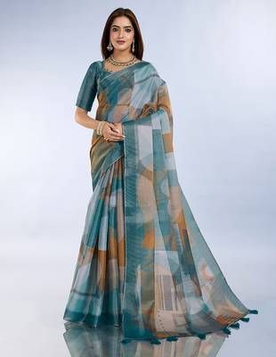 teal printed art silk designer pallu saree 1