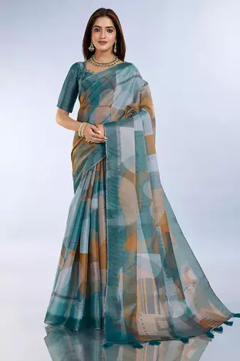 teal printed art silk designer pallu saree