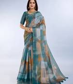 teal printed art silk designer pallu saree