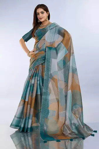 teal printed art silk designer pallu saree