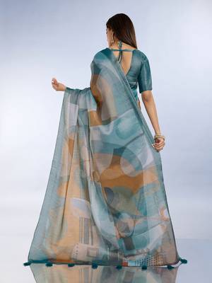 teal printed art silk designer pallu saree 3