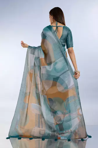 teal printed art silk designer pallu saree