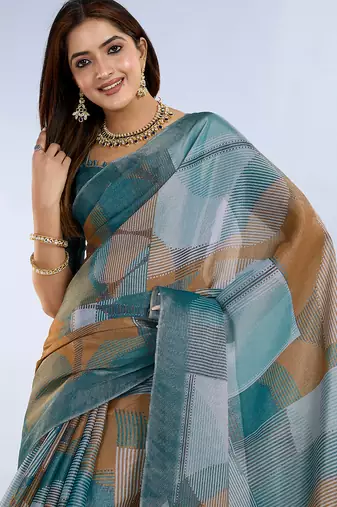 teal printed art silk designer pallu saree