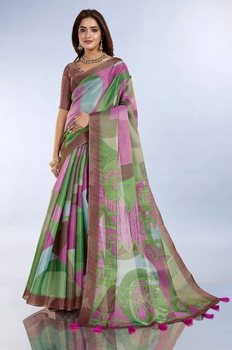 green printed art silk designer pallu saree
